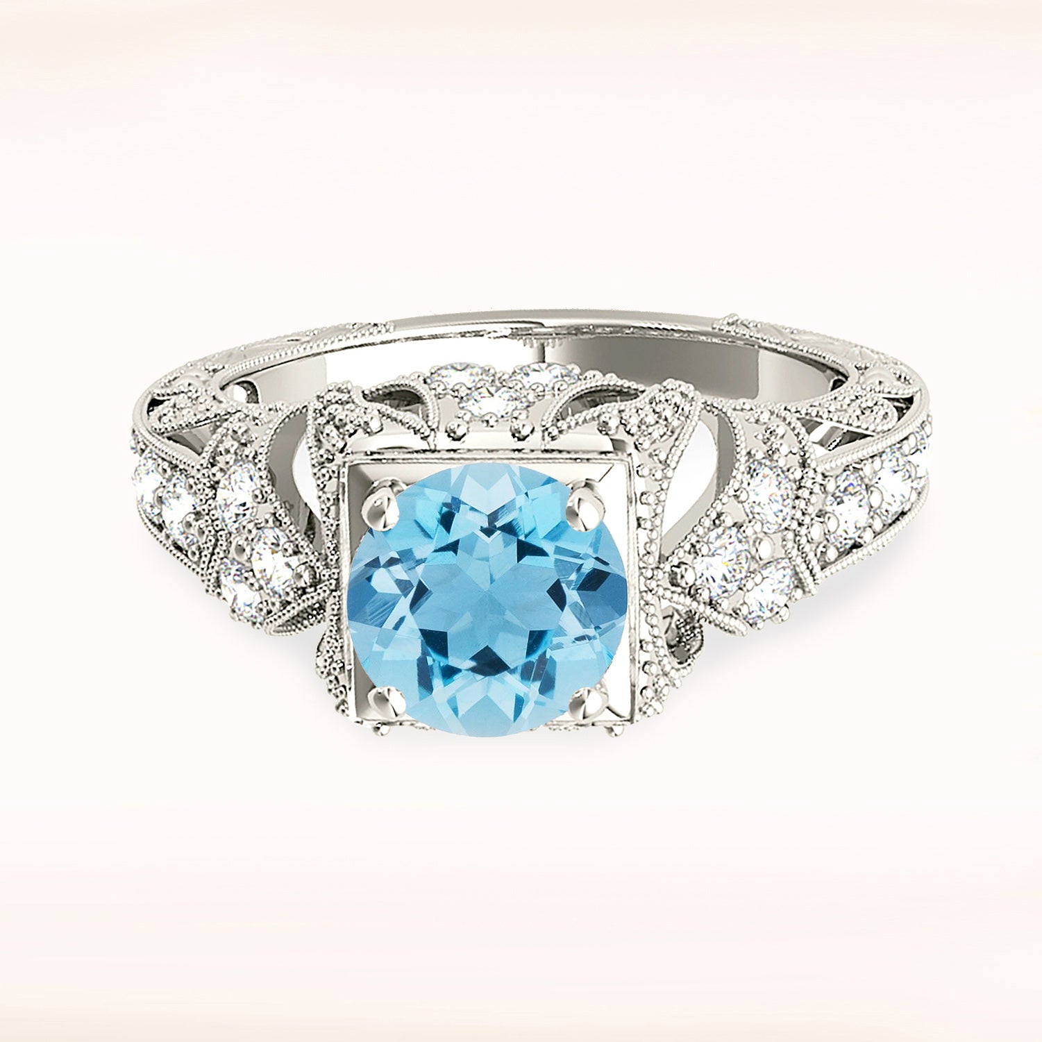 1.10 ct. Genuine Aquamarine Ring With 0.20 ctw. Diamond Filigree and Milgrain Design Fancy Band | Round Blue Aquamarine Halo Ring-VIRABYANI